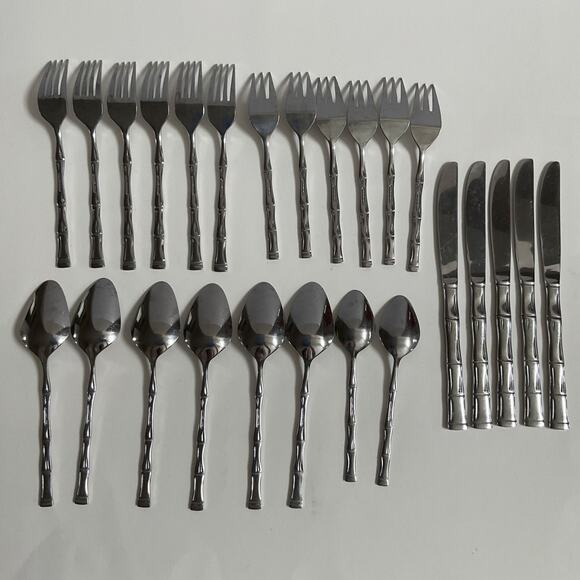 EXF8 by Excel Stainless, Korea, Glossy, Bamboo Handle silverware 25pc set MCM - Picture 2 of 16